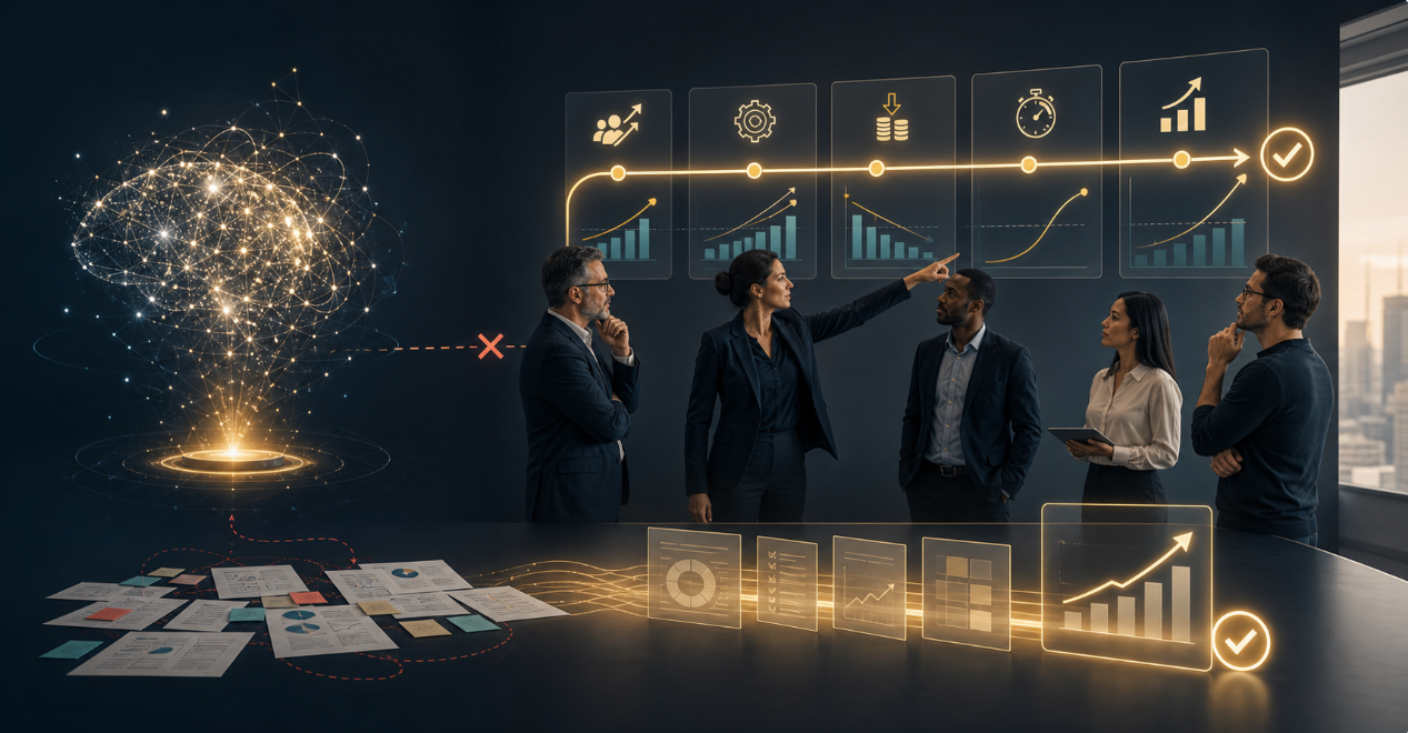 a team of people reviewing project and resource capacity in an AI setting