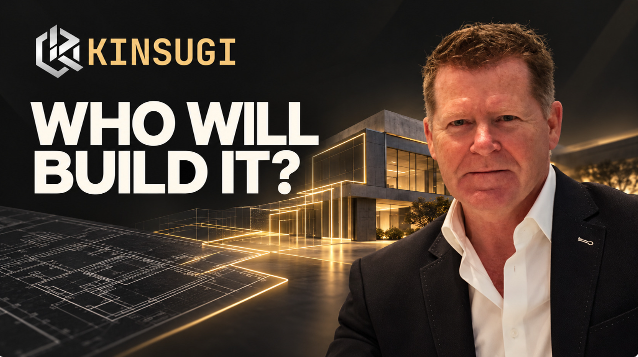 image of Kinsugi founder Stephen Sumner with a futuristic background black and gold with the statement 'who will built it' as the header
